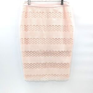 ASTR Powder Pink Lace Eyelet Overlay Stretch Midi Pencil Skirt Size Large